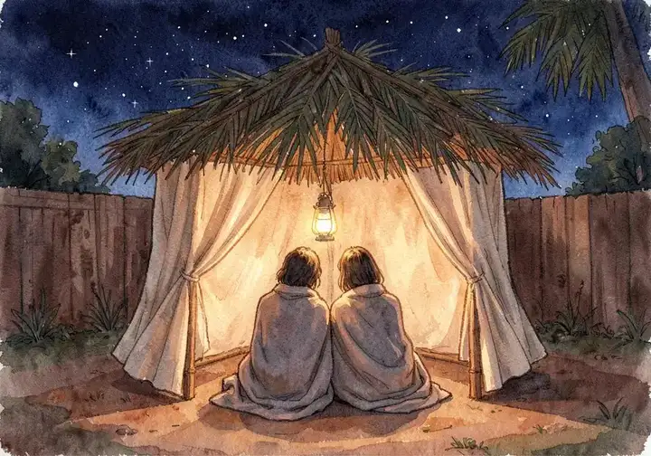 A small backyard sukkah at night, branch roof with stars showing through, warm lantern light