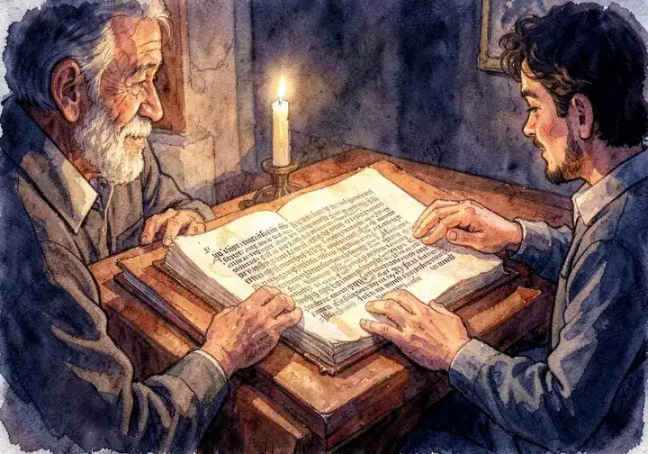 An open Torah scroll on a reading table by candlelight, an older man's hands and a younger man's hands beside it